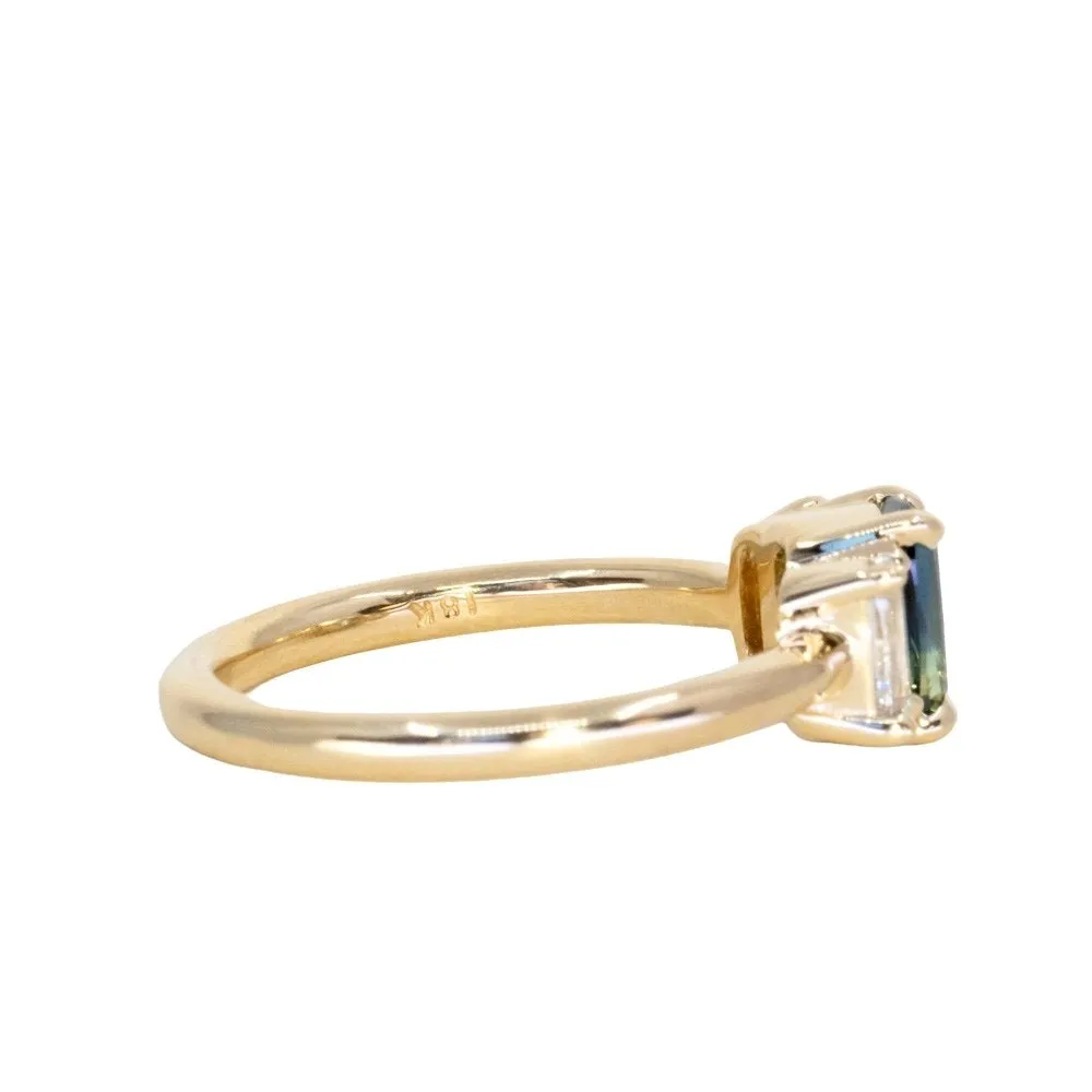 0.87ct Modern Elongated Cushion Australian Sapphire and Matching Diamond Three Stone Low Profile Ring in 18k Yellow Gold