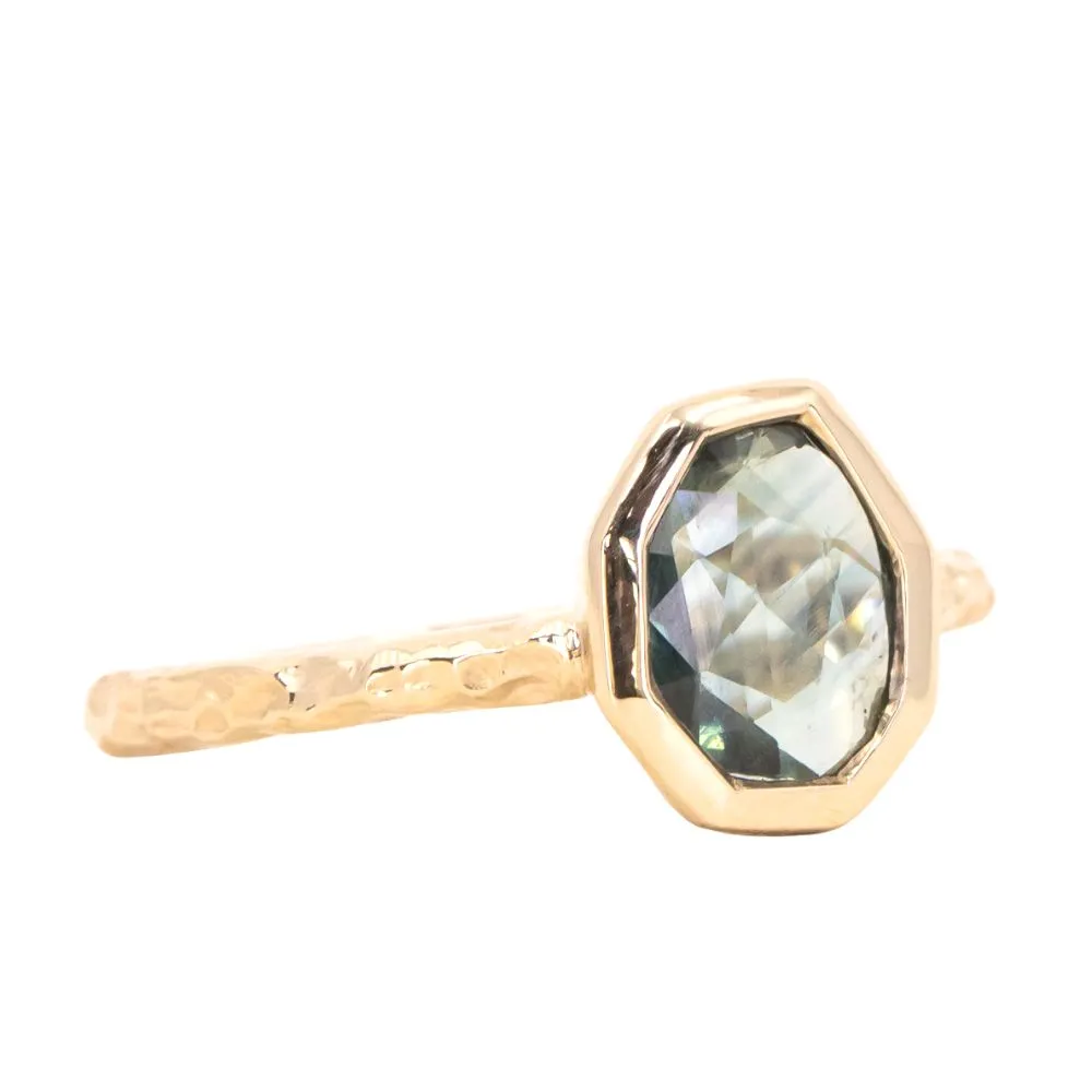 0.97ct Geo Slice Blue-Green Sapphire Evergreen Low Profile Bezel Solitaire Ring in 14k Yellow Gold