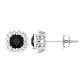 1 CT Classic Black Spinel and Diamond Halo Stud Earrings