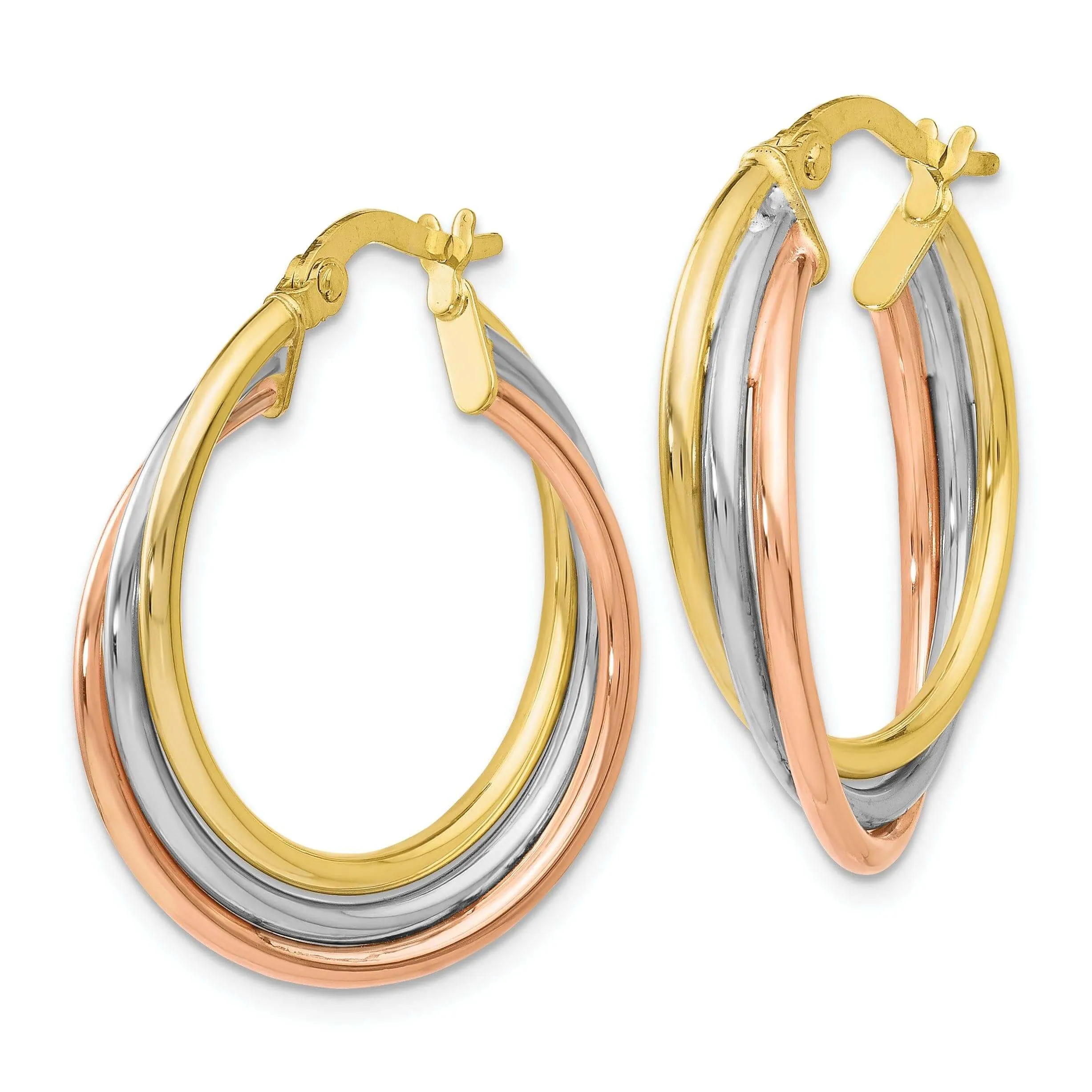 10k Tri Color Gold Polished Twisted Hoop Earrings