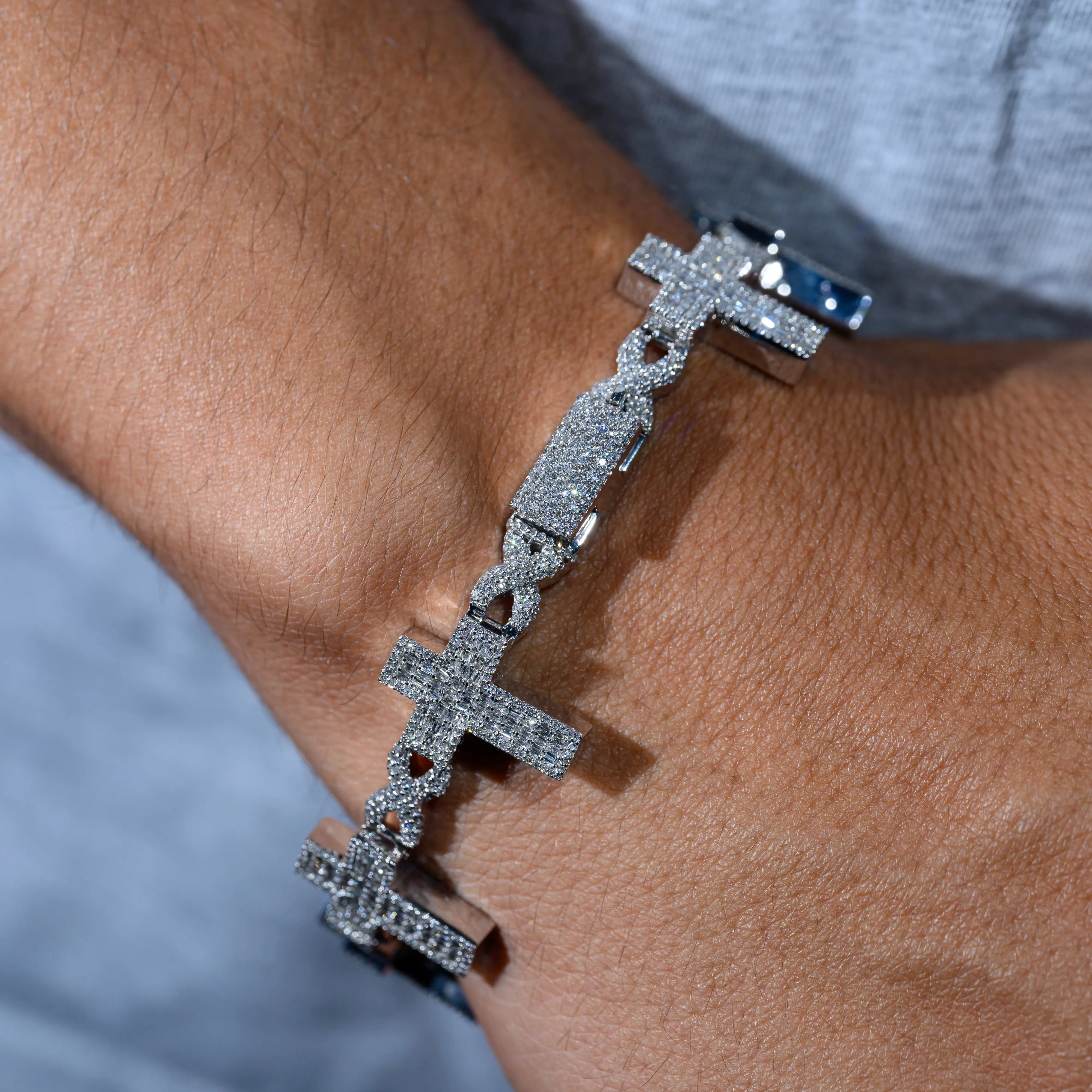 10k White Gold Diamond Baguette Cross Bracelet 3.97 ctw