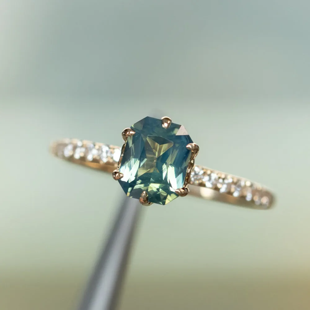 1.18ct Glowy Teal Radiant Cut Madagascar Sapphire Lotus Six Prong Solitaire with Diamonds in 14k Yellow Gold