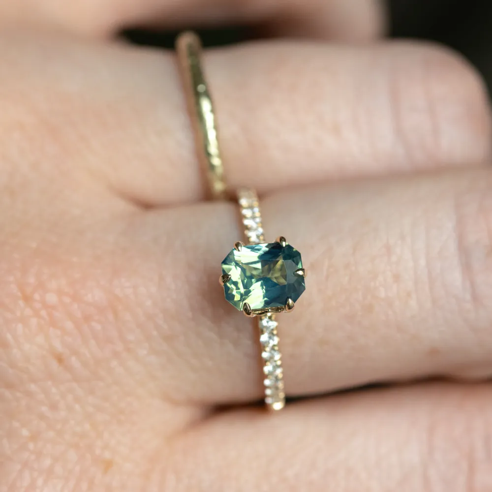 1.18ct Glowy Teal Radiant Cut Madagascar Sapphire Lotus Six Prong Solitaire with Diamonds in 14k Yellow Gold