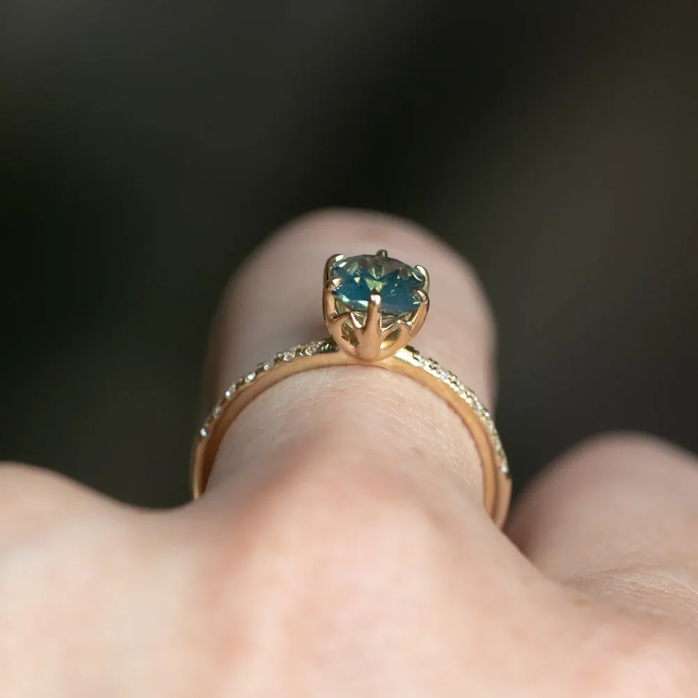 1.18ct Glowy Teal Radiant Cut Madagascar Sapphire Lotus Six Prong Solitaire with Diamonds in 14k Yellow Gold