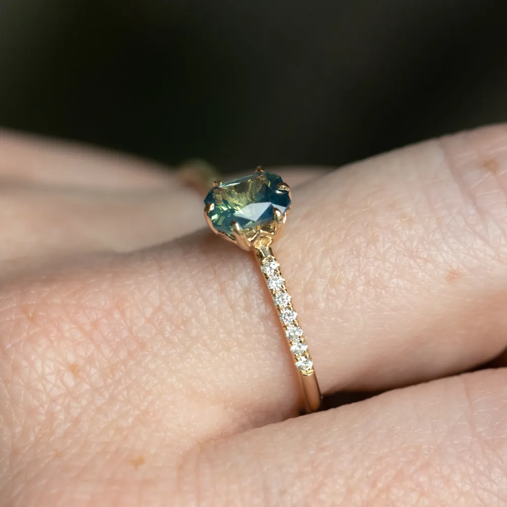 1.18ct Glowy Teal Radiant Cut Madagascar Sapphire Lotus Six Prong Solitaire with Diamonds in 14k Yellow Gold