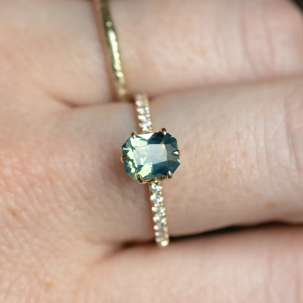 1.18ct Glowy Teal Radiant Cut Madagascar Sapphire Lotus Six Prong Solitaire with Diamonds in 14k Yellow Gold