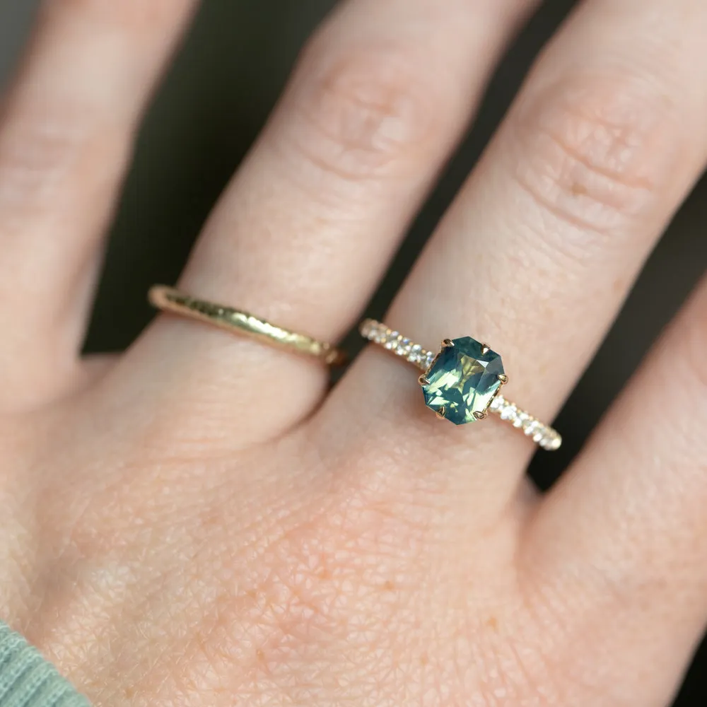 1.18ct Glowy Teal Radiant Cut Madagascar Sapphire Lotus Six Prong Solitaire with Diamonds in 14k Yellow Gold