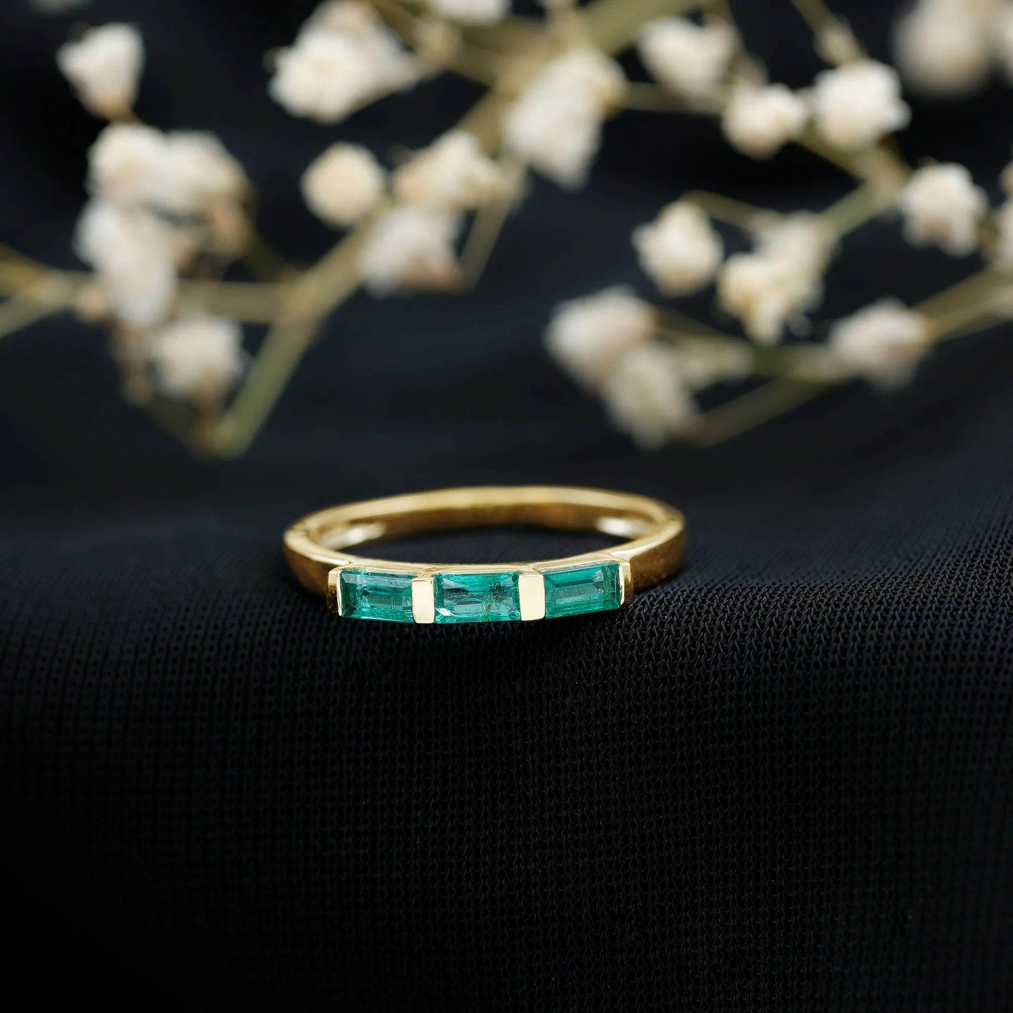 1/2 CT Baguette Cut Emerald Three Stone Stackable Ring