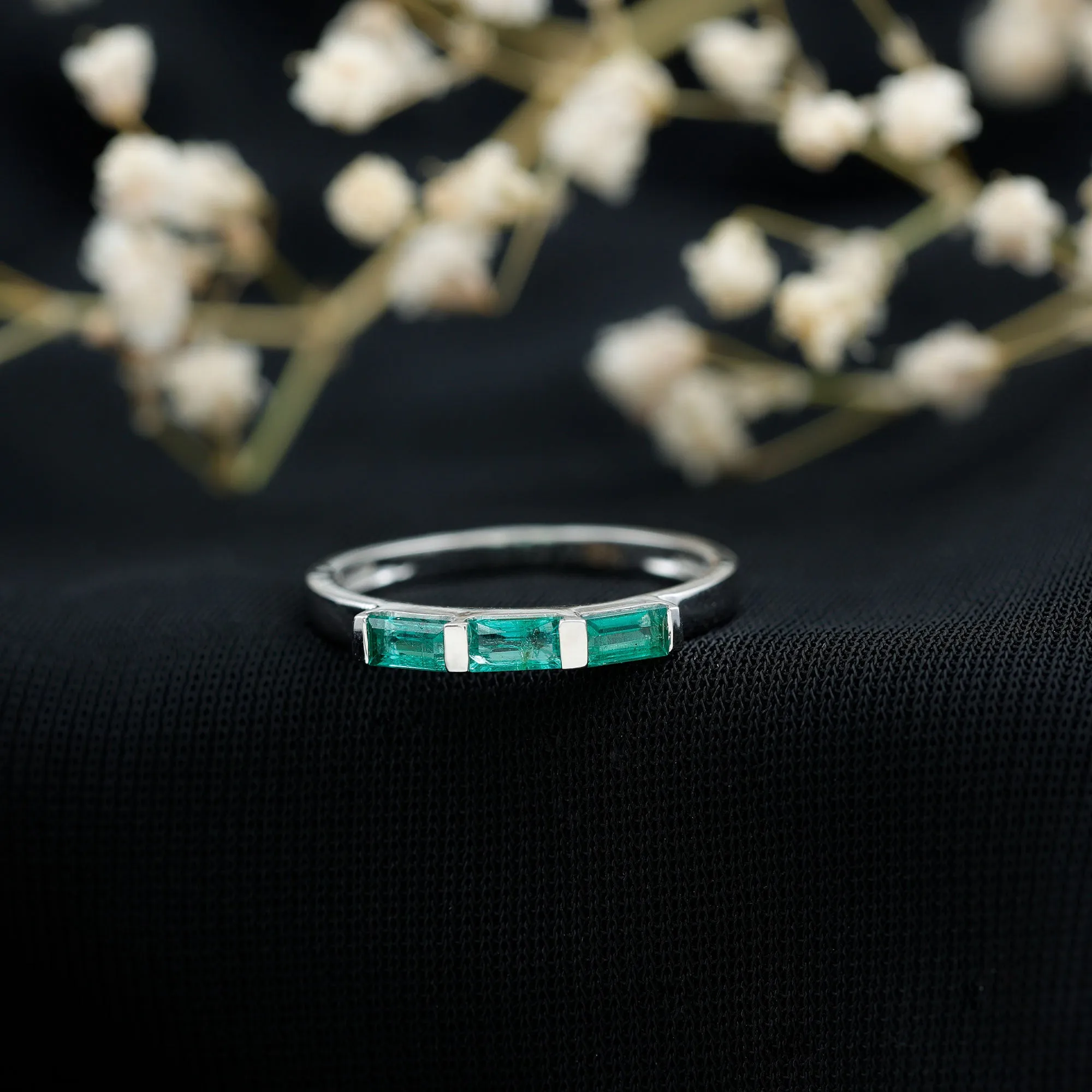 1/2 CT Baguette Cut Emerald Three Stone Stackable Ring