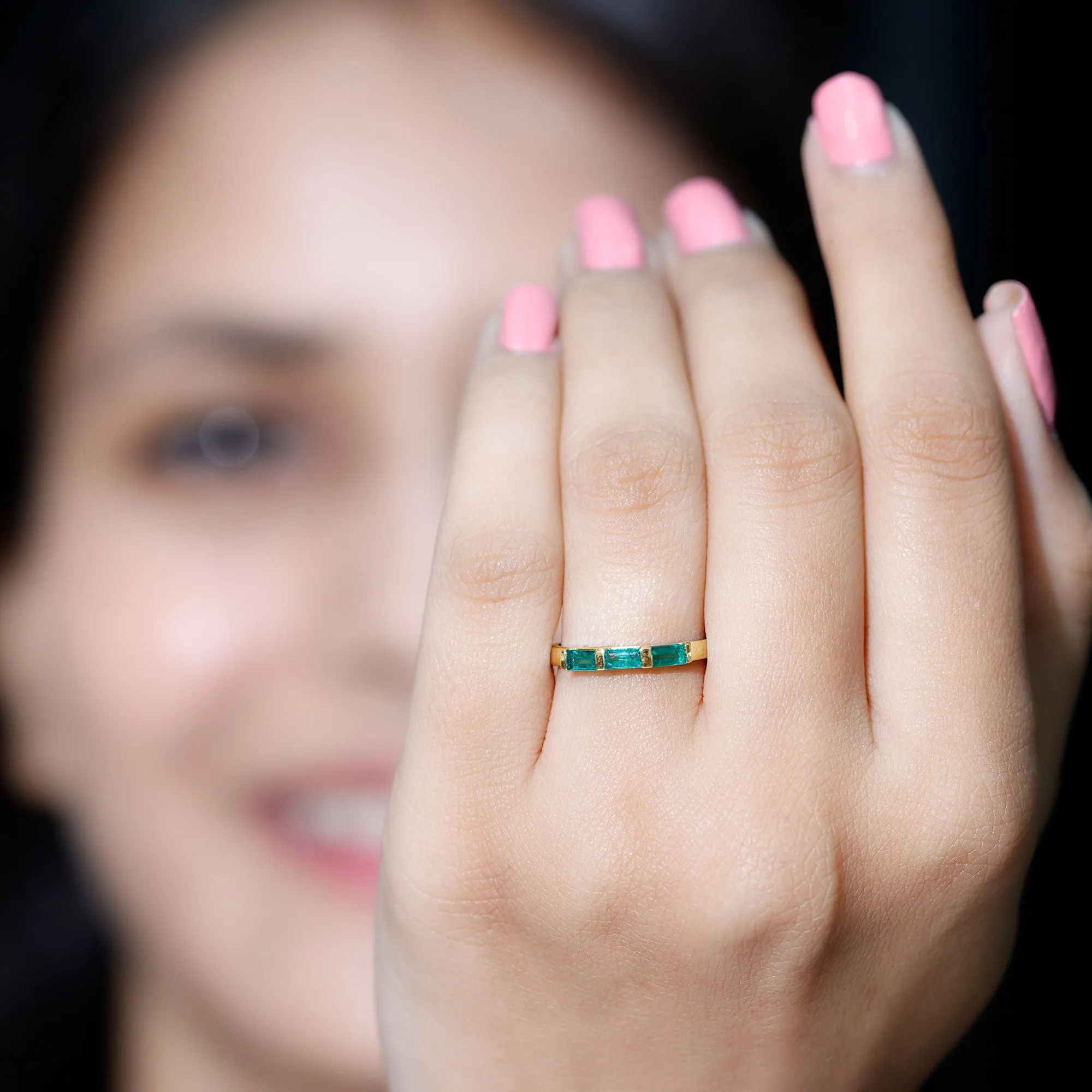 1/2 CT Baguette Cut Emerald Three Stone Stackable Ring