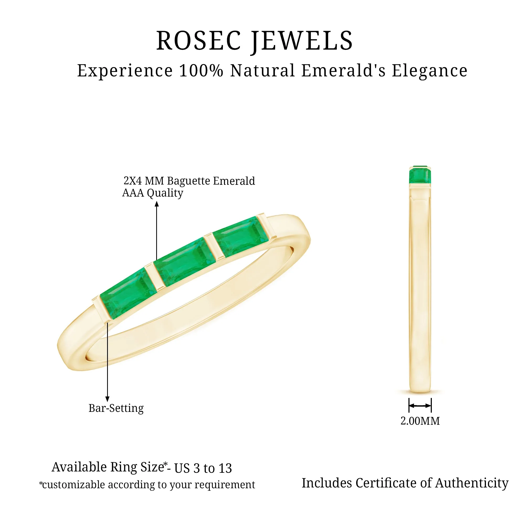 1/2 CT Baguette Cut Emerald Three Stone Stackable Ring