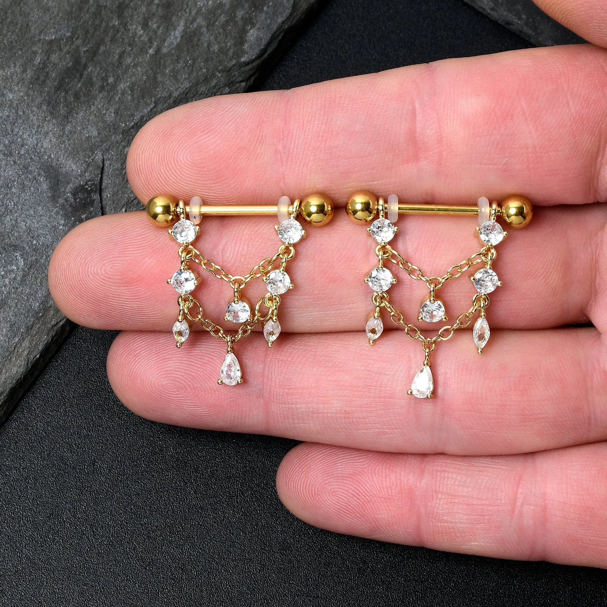 14 Gauge  9/16 Clear Gem Gold Tone Double Chain Dangle Nipple Ring Set