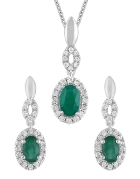 14ct White Gold Diamond Set & Natural Emerald Pendant & Earrings