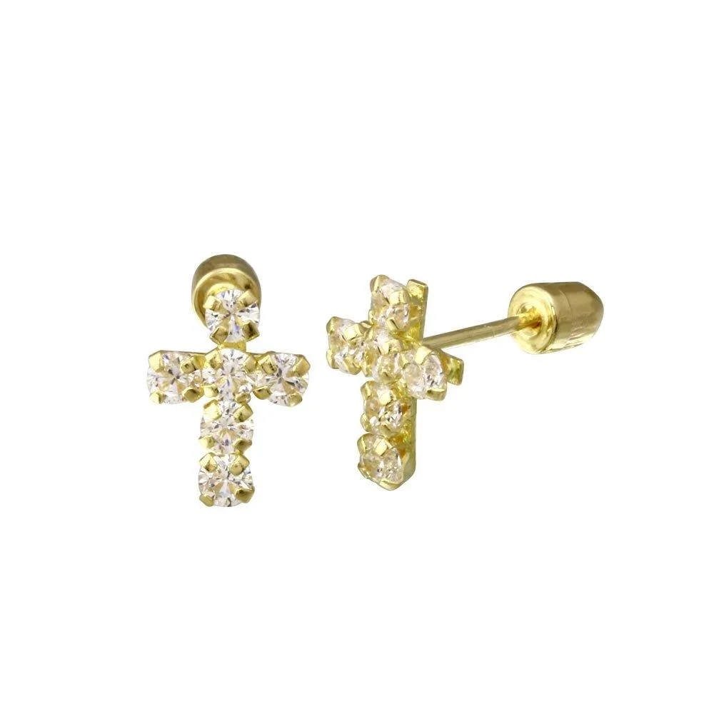 14E00111. - 14 Karat Yellow Gold Cross Clear CZ Screw Back Stud Earring