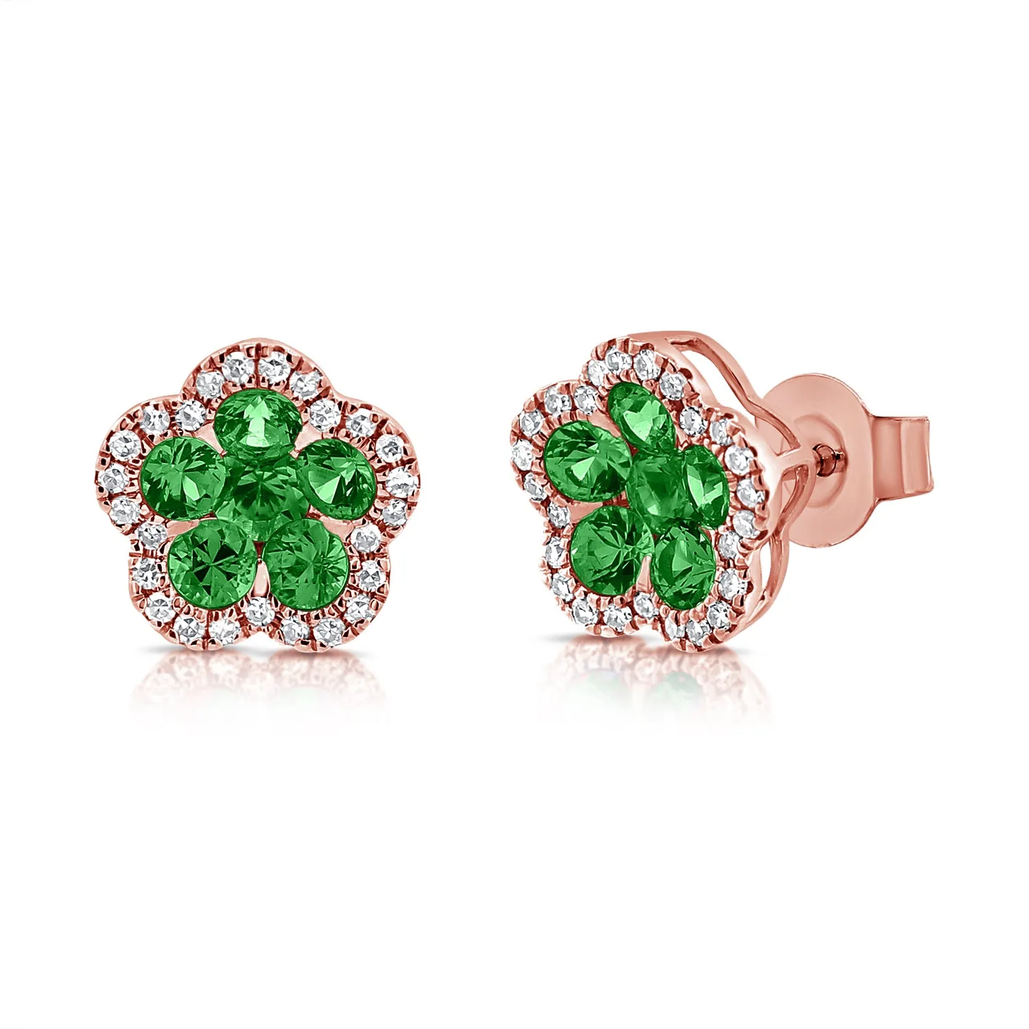 14K Gold Emerald & Diamond Flower Stud Earrings