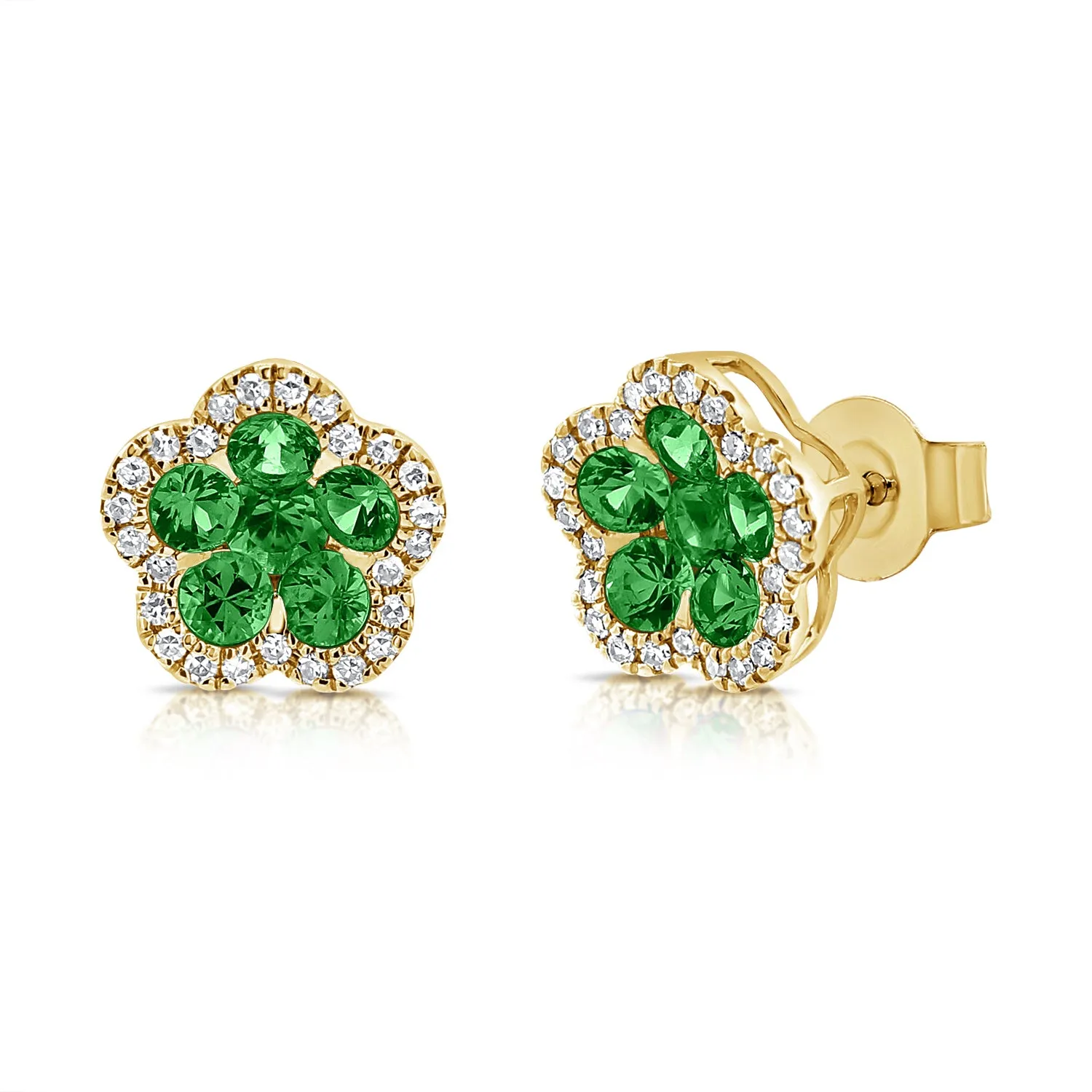 14K Gold Emerald & Diamond Flower Stud Earrings