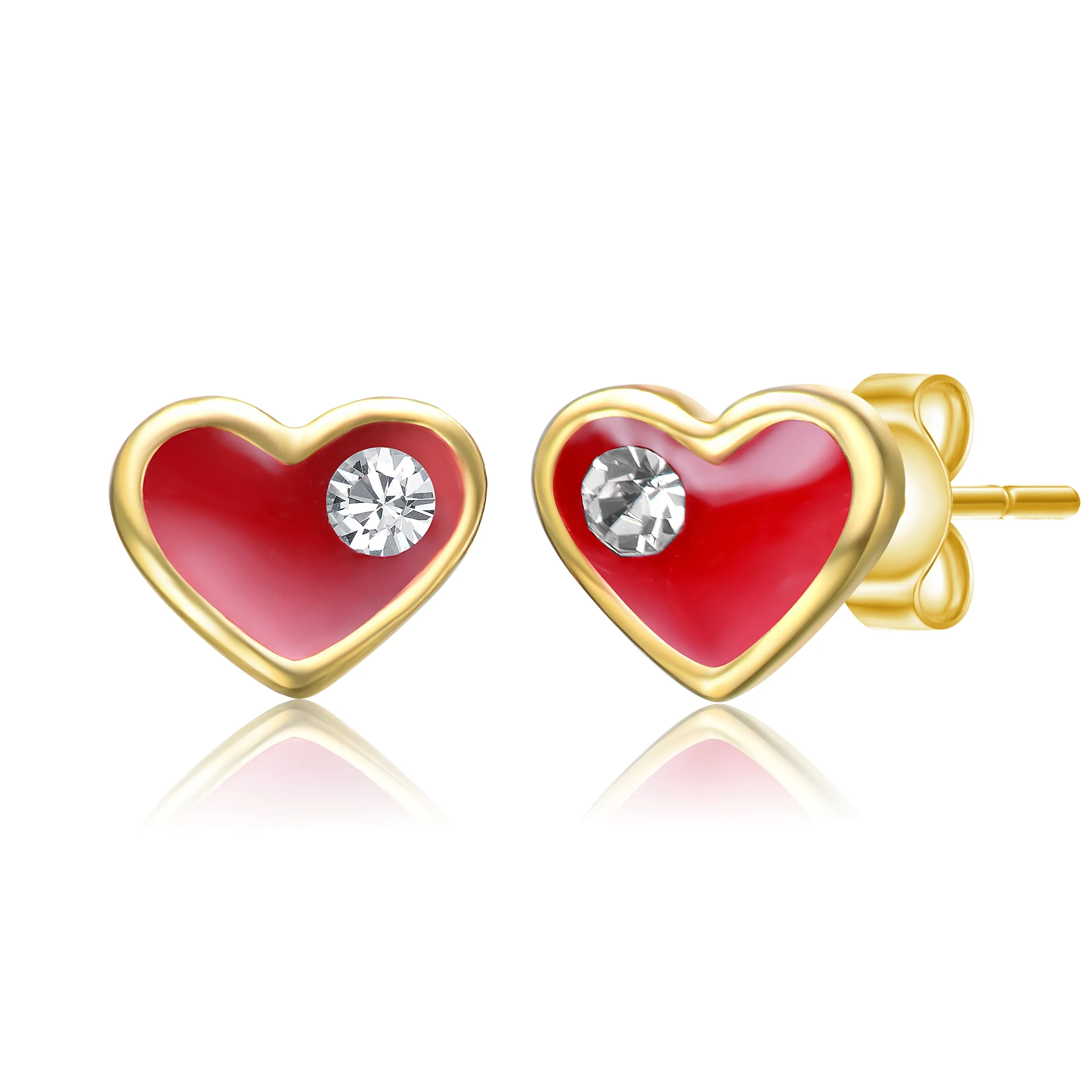 14k Gold Plated Clear Cubic Zirconia & Red Enamel Heart Stud Earrings