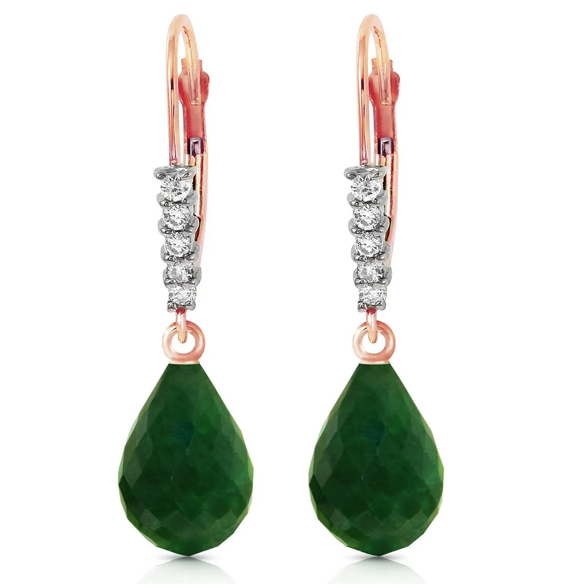 14K Solid Rose Gold Leverback Earrings Natural Diamond & Emerald Certified