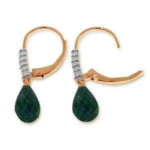 14K Solid Rose Gold Leverback Earrings Natural Diamond & Emerald Certified