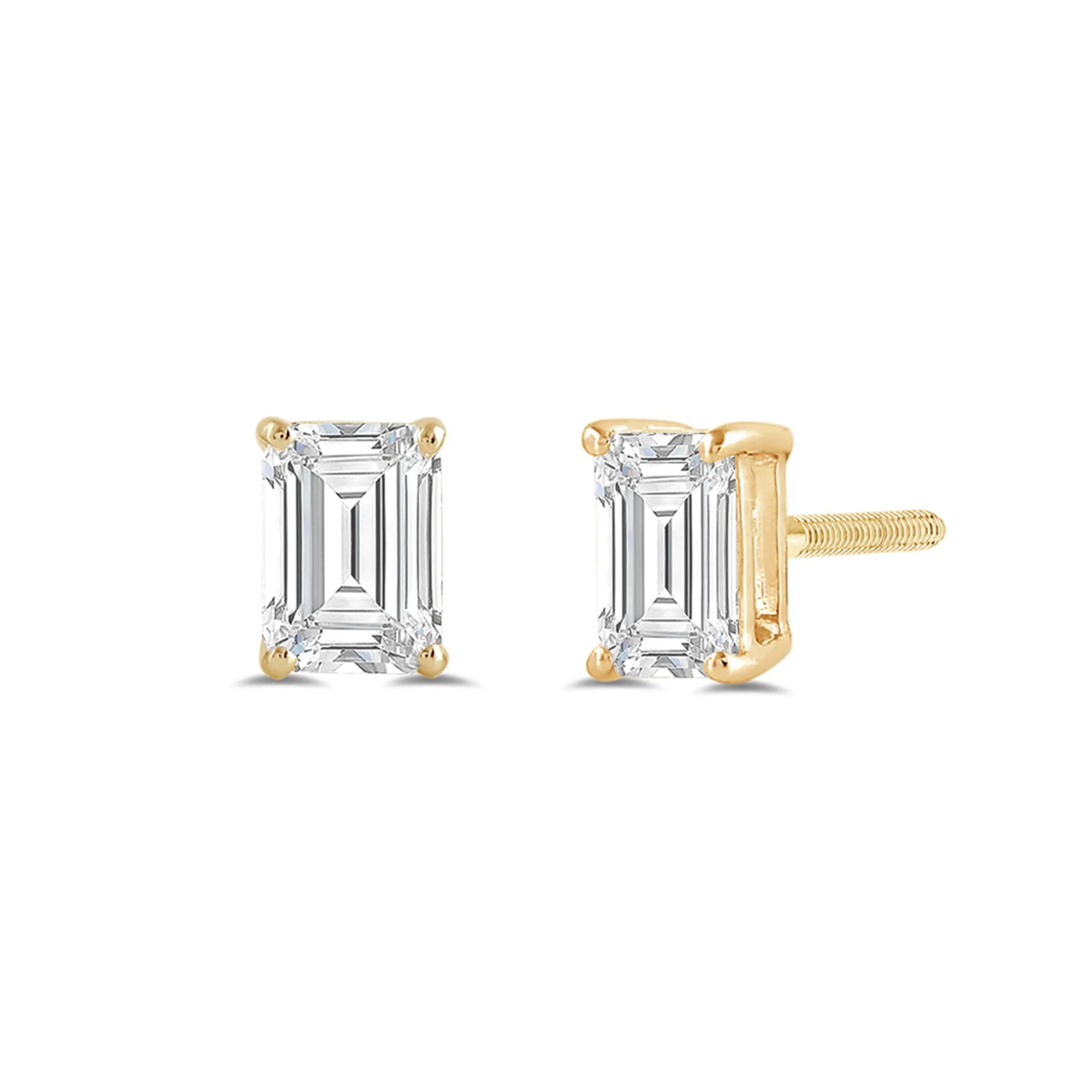 14K Solid Yellow Gold Solitaire Stud Earrings | Emerald Cut Cubic Zirconia | Screw Back Posts | 2.0 CTW | With Gift Box