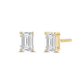 14K Solid Yellow Gold Solitaire Stud Earrings | Emerald Cut Cubic Zirconia | Screw Back Posts | 2.0 CTW | With Gift Box