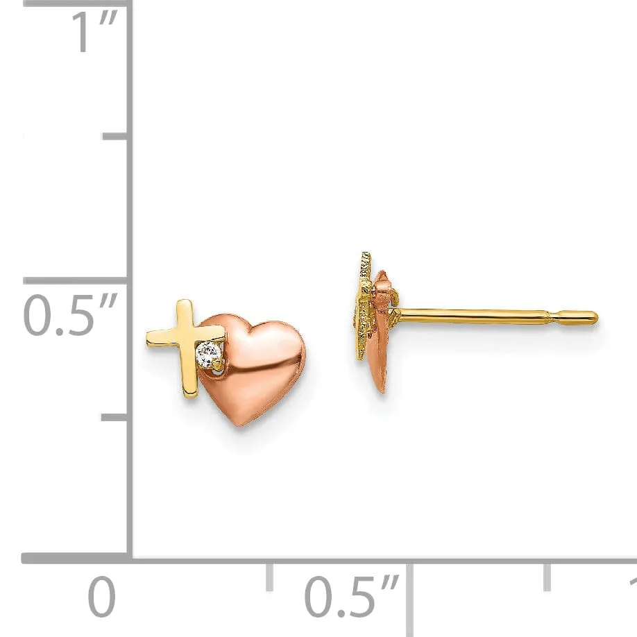 14k Two-tone Gold Heart and Cross Post Earrings