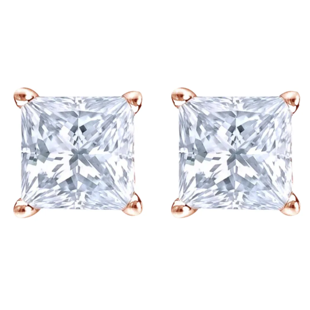 14k White and Rose Gold 1/4 Carat Solitaire Created Diamond 2 Pair Round and Princess Stud Earrings