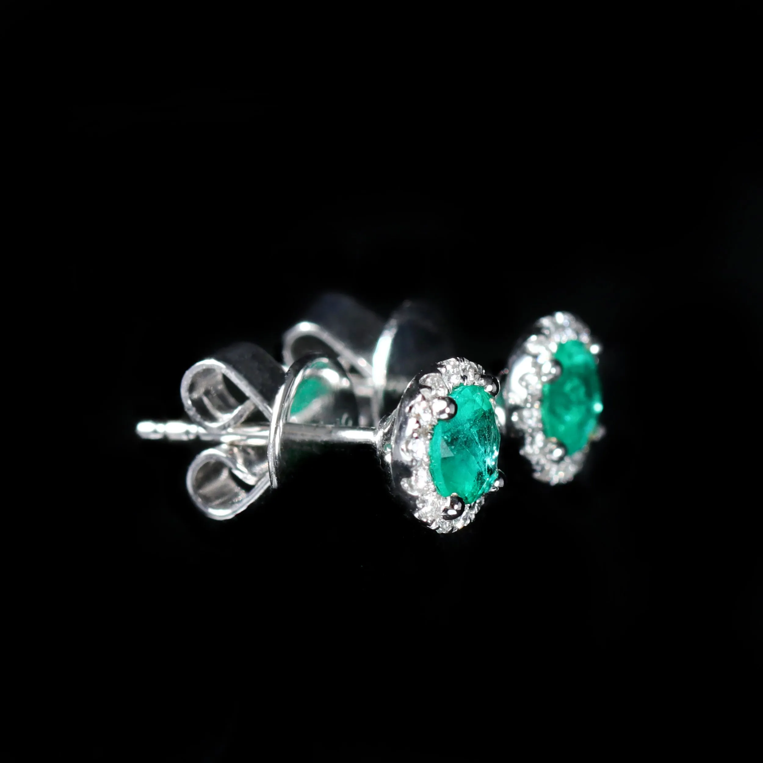 14K White Gold 0.59 CTW Emerald and Diamond Stud Earrings