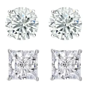 14k White Gold 1/4 Carat Solitaire Created Diamond 2 Pair Round and Princess Stud Earrings