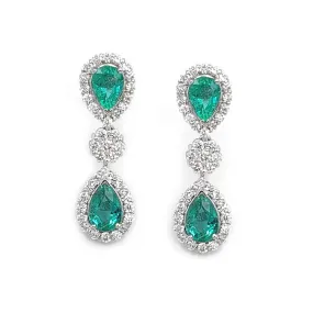 14K White Gold Diamond and Pear Shape Emerald Earrings