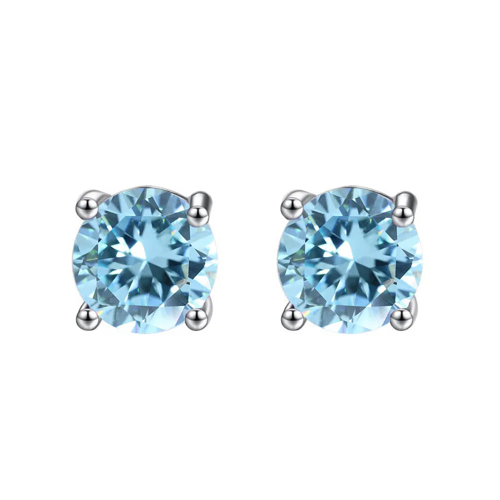 14k White Gold Plated 1/2 Carat Round Created Blue Topaz Sapphire Stud Earrings