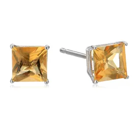 14k White Gold Plated 4 Carat Princess Cut Created Citrine Sapphire Stud Earrings