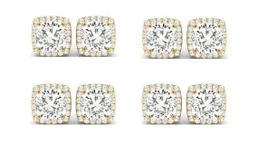 14k Yellow Gold 2Ct Cushion Cut White Sapphire Set Of Four Halo Stud Earrings Plated