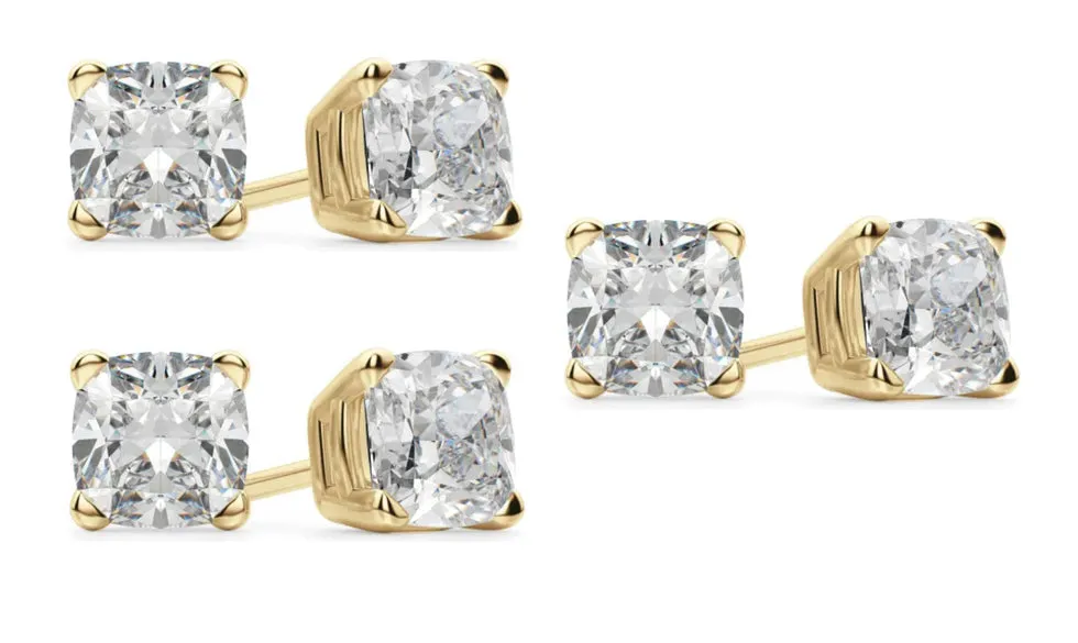 14k Yellow Gold 4mm 4Ct Cushion Cut White Sapphire Set Of Three Stud Earrings Plated