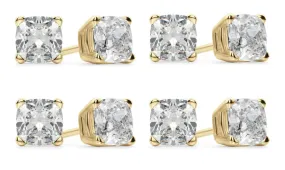 14k Yellow Gold 6mm 1Ct Cushion Cut White Sapphire Set Of Four Stud Earrings Plated