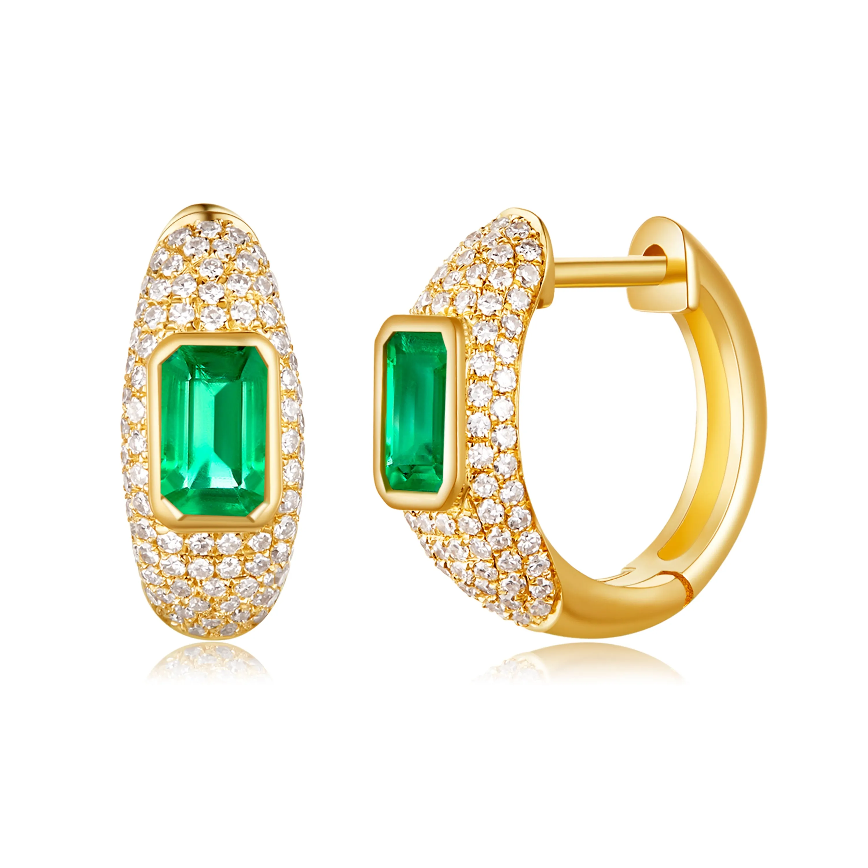 14K Yellow Gold Diamond   Emerald Huggie Earrings