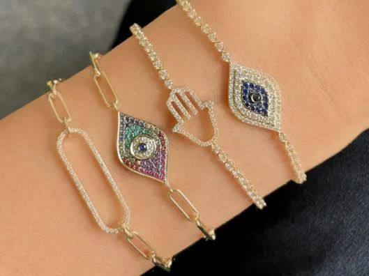 14k Yellow Gold Evil Eye & Crown Prong Diamond Tennis Chain Bracelet