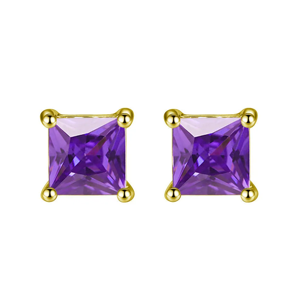 14k Yellow Gold Plated 2 Carat Square Created Amethyst Sapphire Stud Earrings