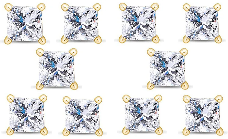 14k Yellow Gold Plated 3Ct Princess Cut White Sapphire Set Of Five Stud Earrings