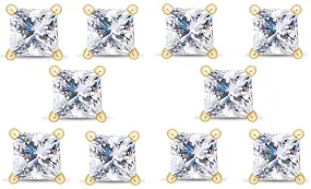 14k Yellow Gold Plated 3Ct Princess Cut White Sapphire Set Of Five Stud Earrings