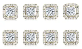 14k Yellow Gold Plated 4Ct Princess Cut White Sapphire Set of Four Halo Stud Earrings