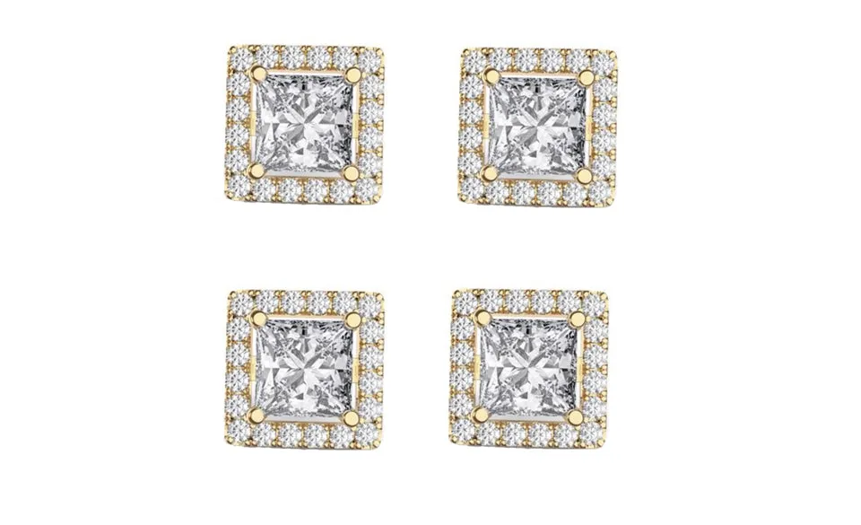 14k Yellow Gold Plated 4mm 1Ct Square Cut White Sapphire Set of Two Halo Stud Earrings