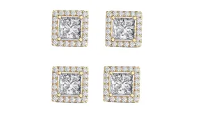 14k Yellow Gold Plated 4mm 1Ct Square Cut White Sapphire Set of Two Halo Stud Earrings