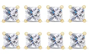 14k Yellow Gold Plated 6mm 1/2Ct Princess Cut White Sapphire Set Of Four Stud Earrings