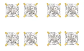 14k Yellow Gold Plated 6mm 1Ct Square Cut White Sapphire Set Of Four Stud Earrings