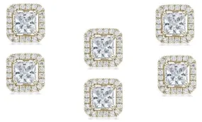 14k Yellow Gold Plated 6mm 2Ct Princess Cut White Sapphire Set of Three Halo Stud Earrings