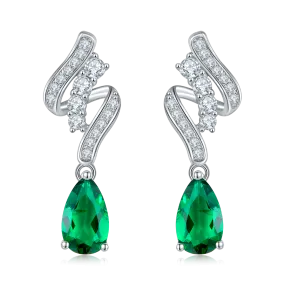 1.52 Carat Pear-Shaped Lab-Created Emerald Drop Earrings in S925 Silver with Platinum Ribbon Design