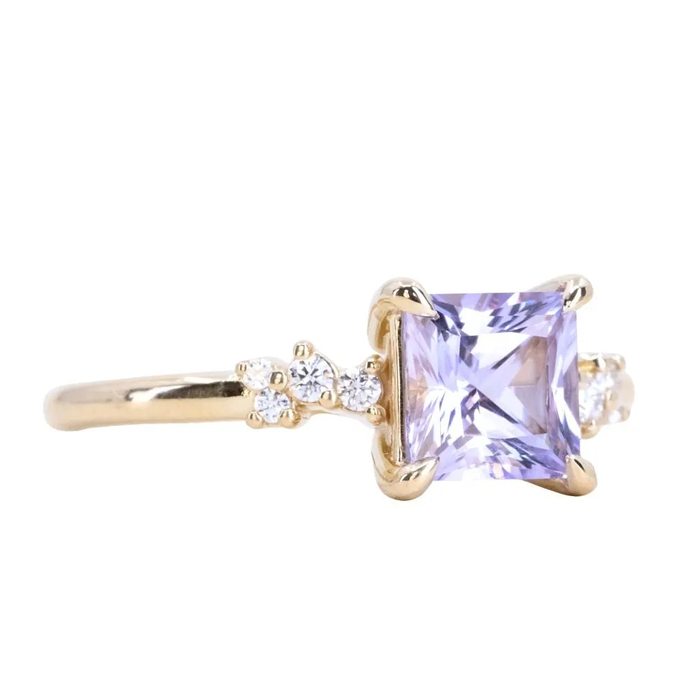 1.55ct Princess Cut Lavender Sapphire and Diamond Starry Night Low Profile Solitaire in 14k Yellow Gold