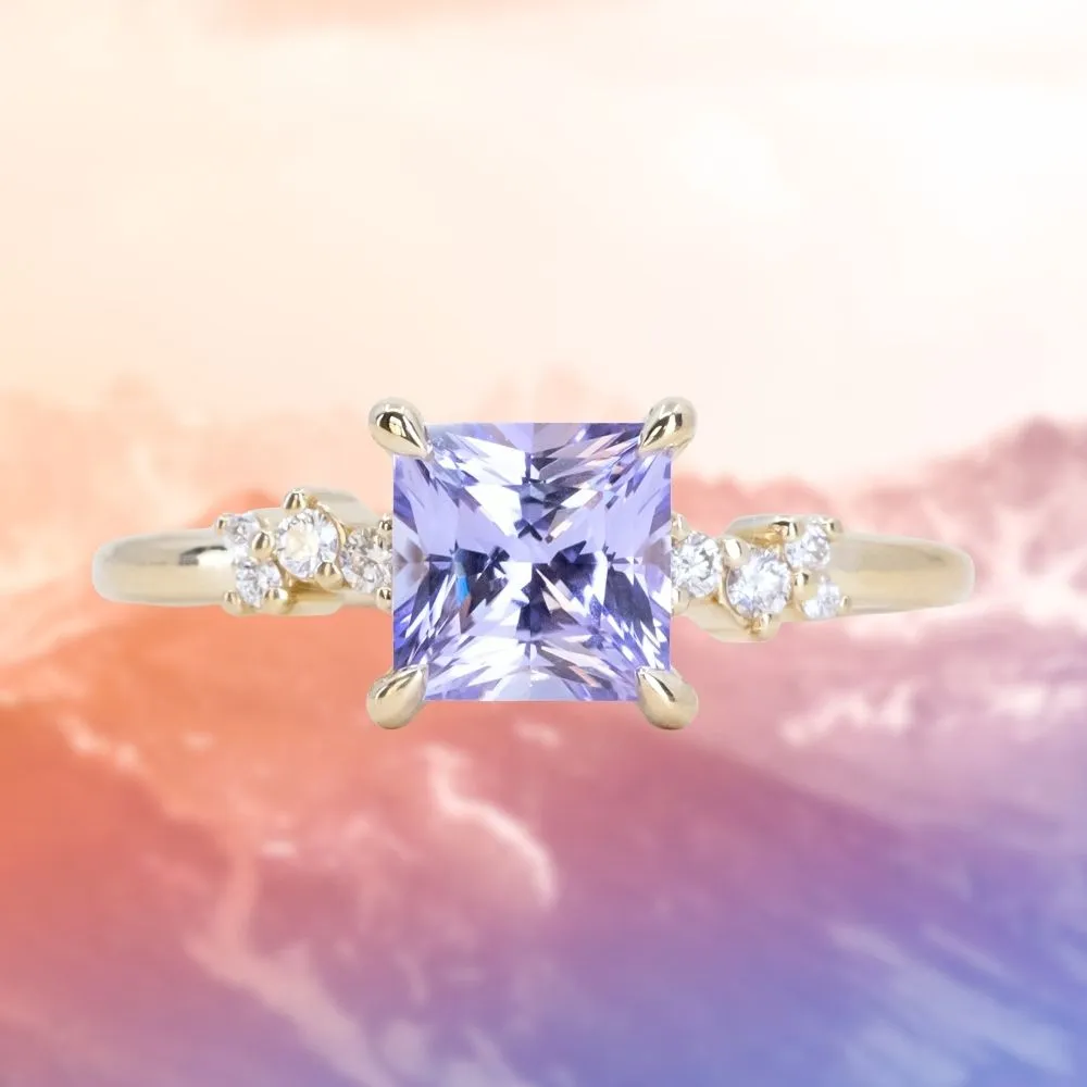 1.55ct Princess Cut Lavender Sapphire and Diamond Starry Night Low Profile Solitaire in 14k Yellow Gold