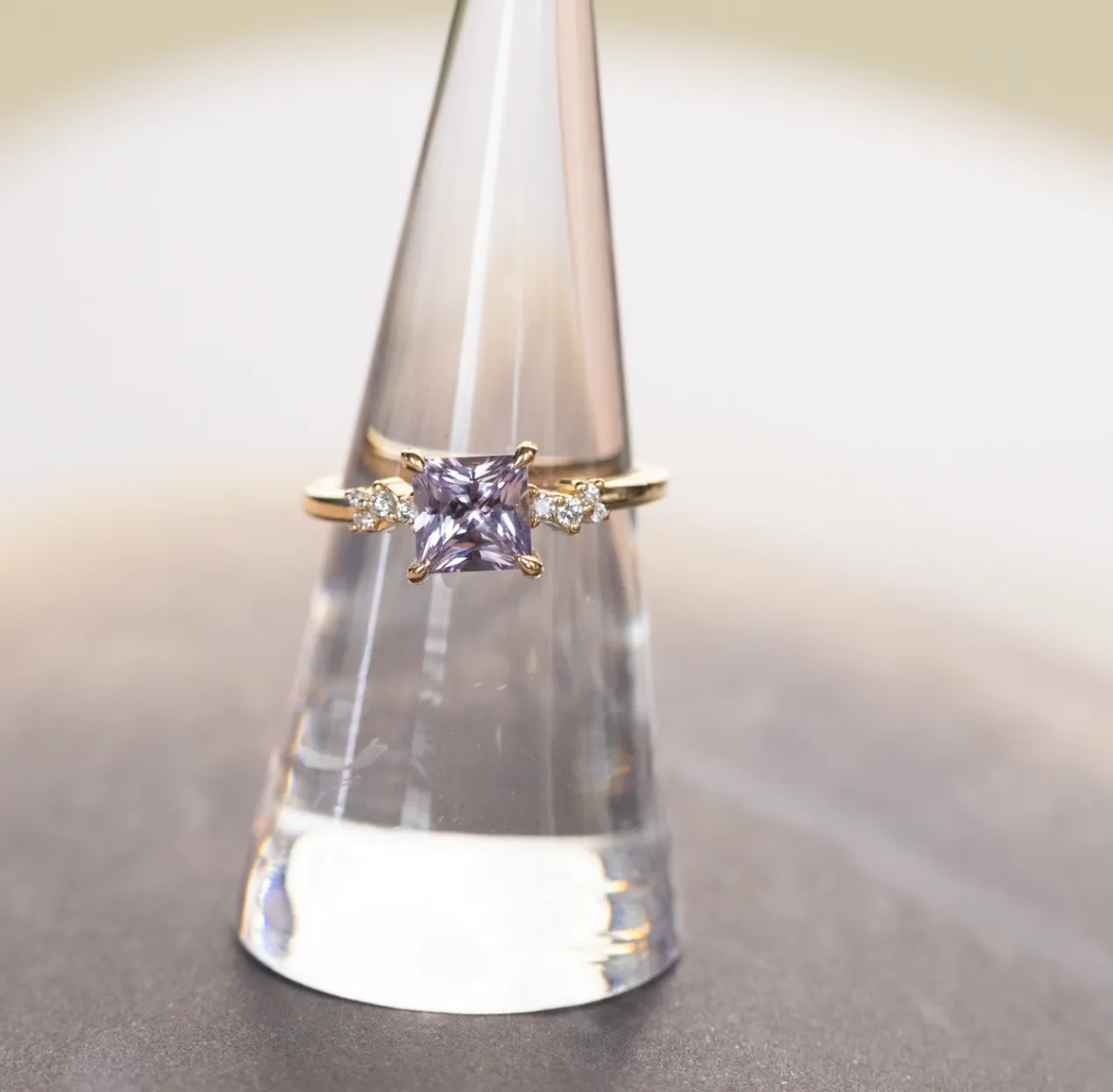 1.55ct Princess Cut Lavender Sapphire and Diamond Starry Night Low Profile Solitaire in 14k Yellow Gold